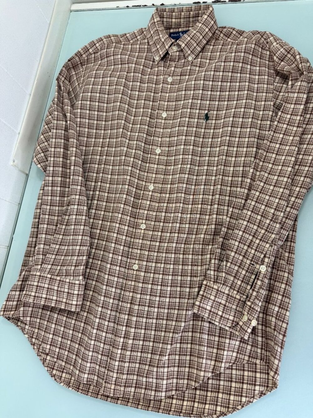Polo Ralph Lauren Blake Shirt Mens Medium M Beige Button Down Plaid Long Sleeve